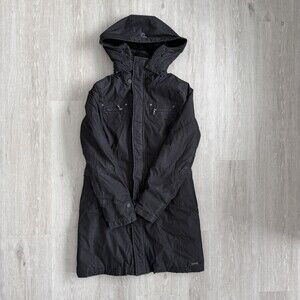 TNA Aritzia Parka Jacket Griffith Black Women M Sherpa Hood Slim Fit Mid-Length